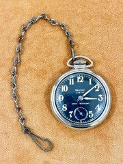 Vintage 1950's Westclox SCOTTY Pocket Watch, Black Luminous Dial. Winds/Working