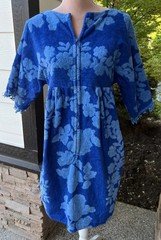 Vintage 1960s Blue Floral Terry Cloth 3/4 Zip Robe Caftan Kaftan