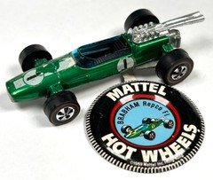 Vintage 1969 Hot Wheels Redline Brabham Repco F1 Green Enamel HK w/ Badge Set