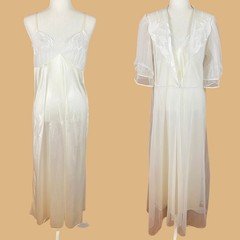 Vintage 1980s Val Mode Peignoir Set Size M Ivory Satin Nightgown Sheer Robe