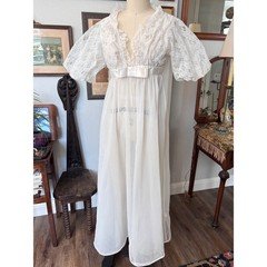 Vintage 60s 70s Lace Peignoir Robe White Sheer Negligee Nylon Maxi Gown Lingerie