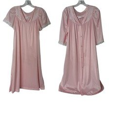 Vintage 60s Sans Souci Sheer Nightgown & Robe Set Pink Lace Pocket Womens M