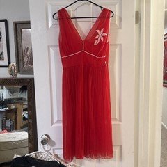 Vintage 60s? Slip Dress Nightgown S M Red Pleated Lace Lingerie appliqué no belt