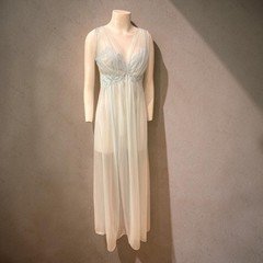 Vintage 60s Vanity Fair Blue Sheer Overlay Lace Maxi Nightgown Size Small USA ^