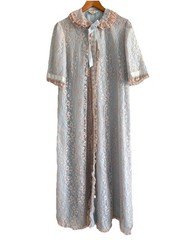Vintage 70s Neiman Marcus Lace Peignoir Robe Housecoat Pastel Romantic Cottage
