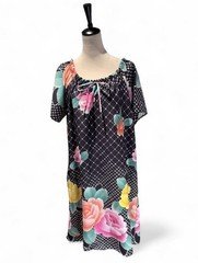 Vintage 80s Granada Black Floral Rose Geometric Midi Dress Medium w/ Pocket