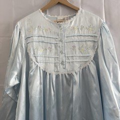 Vintage 80s XL Blue Embroidered Satin Modest Long Embroidered Nightgown Pajamas