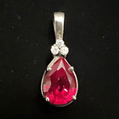 Vintage 925 Sterling Silver Pear Teardrop Ruby/Diamond Gemstone Pendant Signed