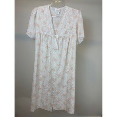 Vintage Adonna White Nightgown with Peach Floral Print and Pintuck Yoke - 80s
