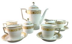 Vintage AK KAISER Elektra Coffee Pot/Cream/Sugar & 4 Cup & Saucer Gold Emb China
