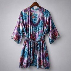 Vintage Angelique Floral Satin Peignoir Robe Chemise Set Large Lace Y2K