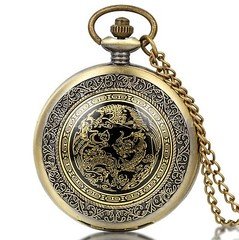 Vintage Antique Phoenix Dragon Pattern Case Quartz Pocket Watch Necklace Chain