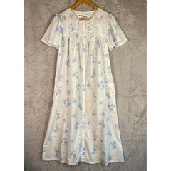 Vintage Aria Nightgown Medium Blue Granny Floral Snap Lace House Dress Long