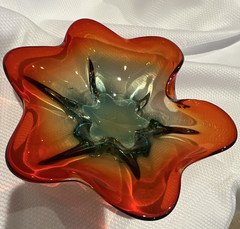 Vintage Art Glass Decorative Bowl Abstract Shape Red Green Amber Ashtray