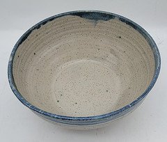 Vintage Art Pottery Mixing Bowl Primitive Speckled Blue Banded Rim 9.5" Diameter