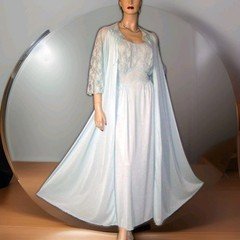  Vintage Artemis Blue Lace Overlay Lingerie Dress Nightgown Robe Peignoir Set