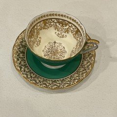Vintage Aynsley Tea Cup And Saucer Green and Gold, Rare HTF Version Antique