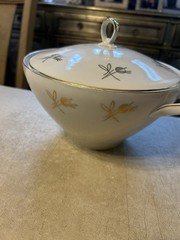 Vintage Bavarian Lidded Vegetable Bowl w/ Lid, Atomic Gold Floral Pattern