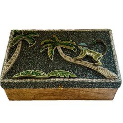 Vintage Beaded Wooden Trinket Box Monkey Palm Tree Tropical Jewelry Keepsake Box