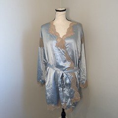Vintage Bill Tice Satin Robe Blue Lace Trim Peignoir Belted Lingerie 70s 80s