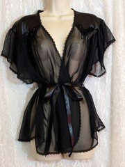 Vintage Black Sheer Chiffon Lingerie Short Peignoir Wrap Style Robe L