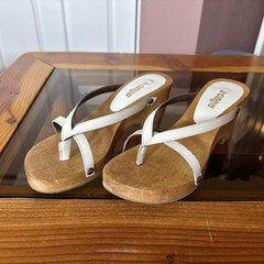 Vintage Bongo Y2K White Leather Thong Strappy Wood Platform Sandals Womens 6