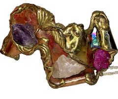 Vintage Brutalist Belt Buckle Copper & Brass Design with Amethyst & Quartz