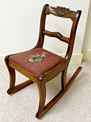 Vintage Children's Oak Carved Wood Rocking Chair Needlework Cushion Pre-1950s