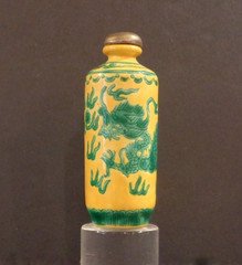 Vintage Chinese Porcelain Yellow and Green Snuff Bottle w/ Dragon Design Signed