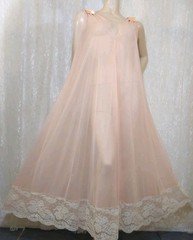 Vintage Double Layer Shear Chiffon Satin Bow Luxurious Lace Peignoir Robe M L XL