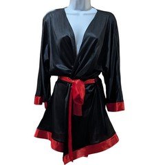 Vintage Fredericks of Hollywood Black Red Satin Trim Short Robe One Size USA