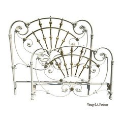 Vintage French Elliott's Designs White Iron Brass Full Bed Headboard Footboard