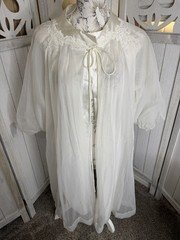 Vintage Gossard Artemis White Whimsy Nightgown Tie Neck Puff Sleeves Medium 60s