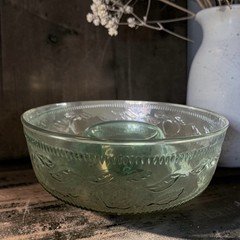 Vintage Green Glass Chip And Dip Vegetable Serving Bowl With Built In Dip Bowl