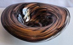 Vintage Hand Blown Swirl Gold Glitter & Black Art Glass Bowl 9" Marked SAM 2001