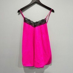 Vintage Hot Pink Babydoll Cami Top Black Lace Trim 1990s Y2K Sm fairy whimsigpth