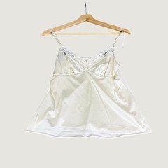 Vintage Ivory Lace Trim Silky Camisole Spaghetti Strap Lingerie Top Off White