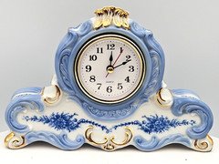 Vintage Landex ceramic mantel clock, blue and white with gold detail
