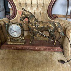 Vintage Lanshire Metal Mantel Horse Horseshoe Clock & Lamp Time for Luck- Works!