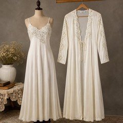 Vintage Lily of France Nightgown Robe Set M Ivory Lace Nylon Peignoir 60s 70s