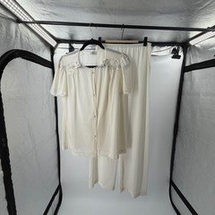 Vintage Lorraine Ivory Pajama Set Lace Rosette Button Front Top Pants USA Made