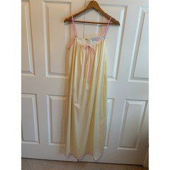 Vintage Lorraine Yellow Striped Nylon Nightgown Floral Embroidered Maxi Medium