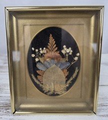 Vintage MCM Brass Shadow Box w/Flowers & Leaves Framed Floral Art
