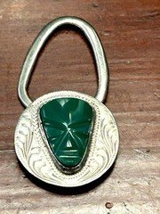 Vintage Mexican Sterling Silver Keyring Carved Green Onyx Tribal Face Marked