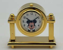 Vintage Miniature DISNEY Mickey Mouse Gold Tone Quartz Desk Clock, Runs, 41mm