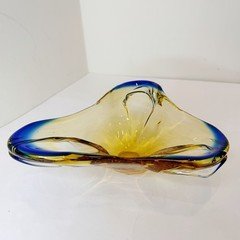 Vintage Murano Sommerso Style Italian Art Glass Triangle Bowl Blue Amber 3 Lobe