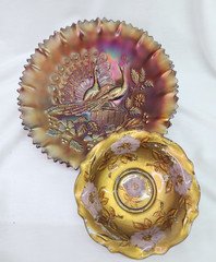 Vintage Northwood Carnival Glass Peacock  And Goofus Glass Bowls