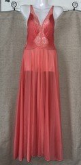 Vintage Olga Peach Orange Nylon Full Sweep Nightgown Negligee Gown Lingerie S