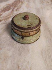 Vintage Patina Rotary Tape Measure Novelty Desk Clock Made USA Rustic Americana 