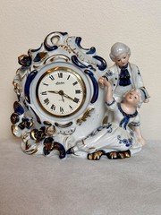 Vintage Porcelain Figural Mantel Alarm Clock Blue Gold Couple Japan Linden Wrkin